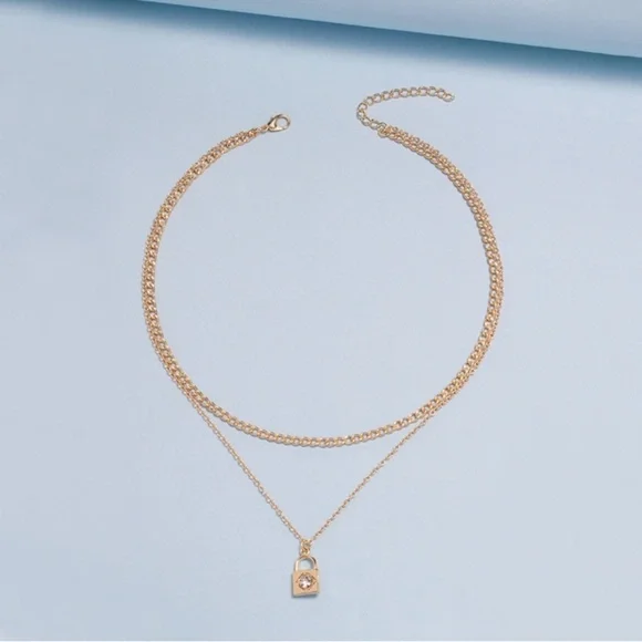 Elegant Gold Color Layered Necklace with Lock Pendant - Picture 4 of 9